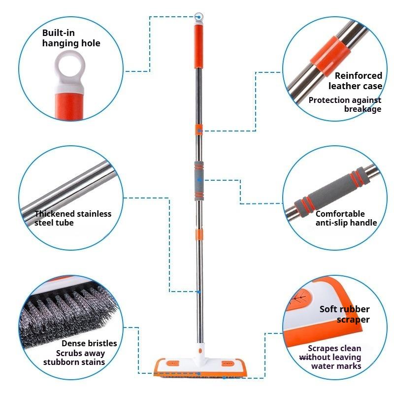 2-in-1 Floor Scrubber & Squeegee - Extra Large Hard Bristle Brush for Bathroom Tile & Grout Cleaning