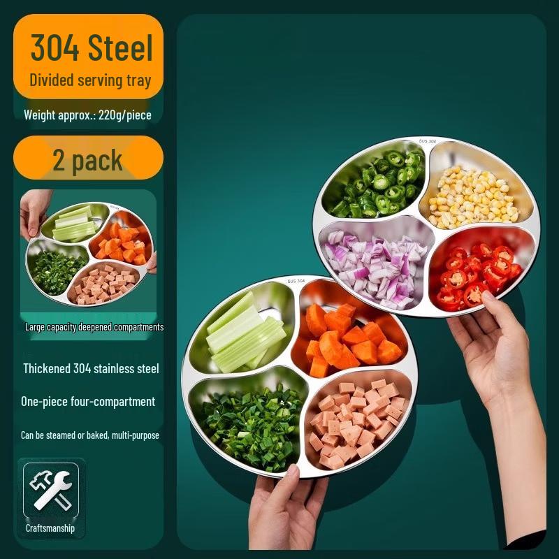 Handon 304 Stainless Steel 4-Compartment Divided Condiment Dishes (2-Pack)