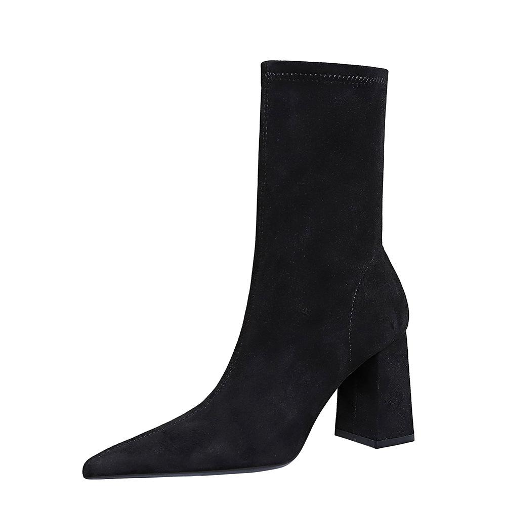 Mode Européenne et Américaine Simple et Polyvalent Talon Épais Talon Haut Daim Pointu Tube Court Bottines Courtes pour Femmes