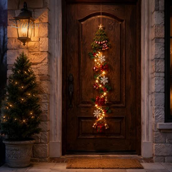 Snowflake Xmas Mantel Accents Glowing Christmas Door Hanger, Crochet Spiral Ornament with LED Lights, Snowman Santa Reindeer Decorative Winter