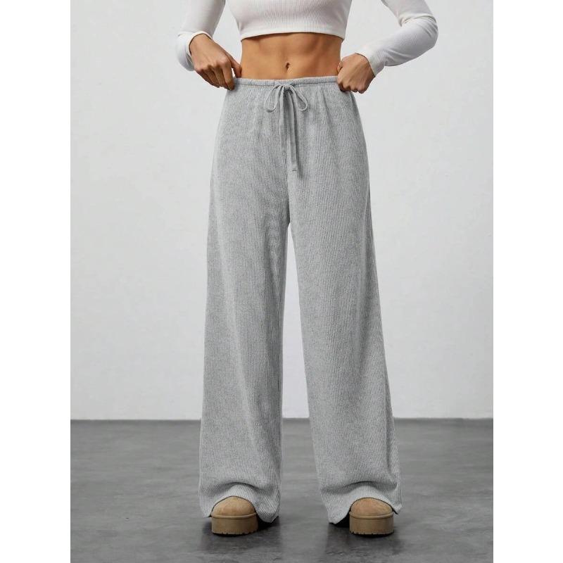 Women Solid Color Drawstring Wide Leg Casual Pants XS
