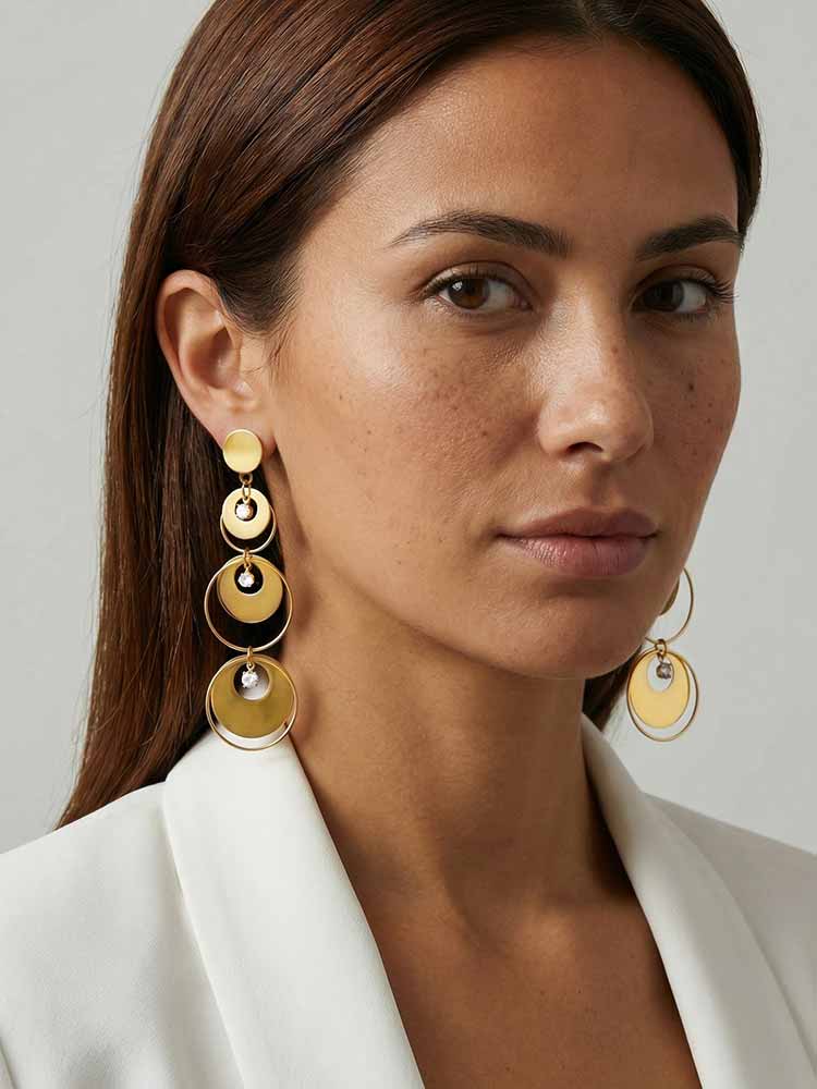 New Geometric Gold Color Layered Circle Dangle Earrings, Waterproof Stainless Steel Crystal Drop Earrings Women Trendy Jewelry