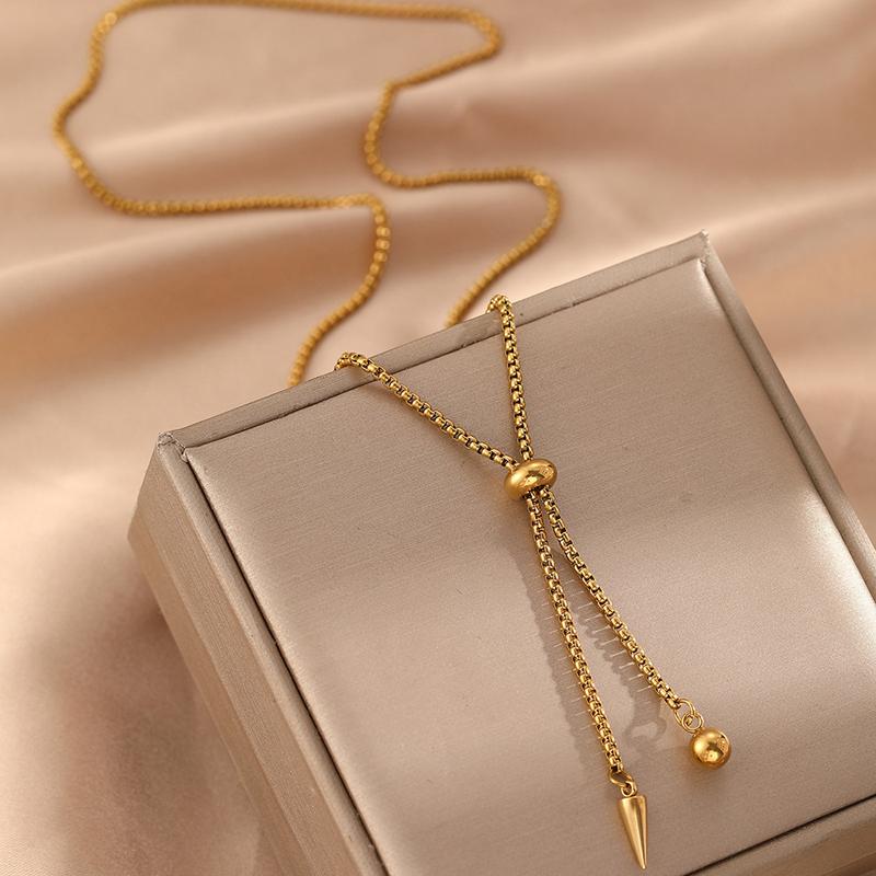 Korean Stainless Steel Y-Shaped Long Tassel Pendant Necklace for Women Simple Metal Ball Adjustable Sweater Chain Jewelry Gift