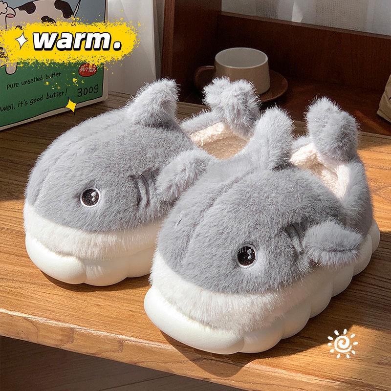Men's and Women's Shark Cartoon Cotton Slippers: Non-slip, Plush, Thick-soled, Full Heel, Indoor/Outdoor Winter Warm Footwear