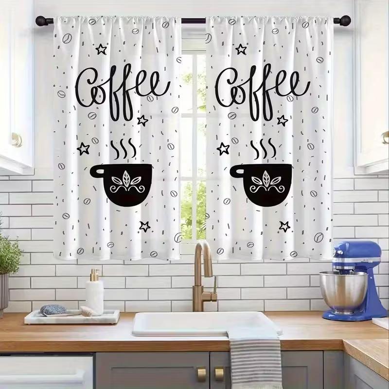 Moderne Kaffeemuster Vorhänge Dekorative Sichtschutz Polyester Paneele Küche Café Wohnzimmer Fenster Dekor Set von 2 Mit Stangentasche Gemacht Groß