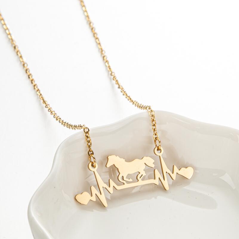 Stainless Steel Zodiac Horse Pendant Necklace with EKG Heartbeat Design