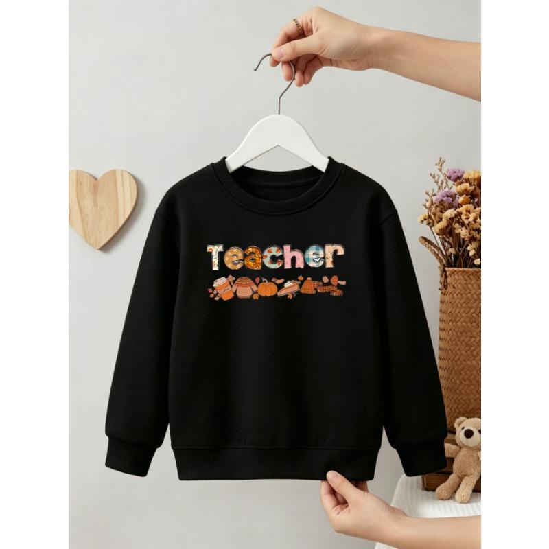 Kids Girls Crewneck Sweatshirt, Fall Patchwork Letter "Teacher" With Pumpkin Coffee Pie Autumn Cartoon Print Light Pink Soft Fleece Pullover