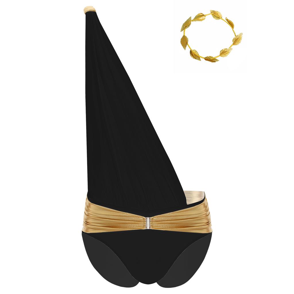 Mens Ancient Greek Roman Costume One Shoulder Bodysuit Metallic Belt Briefs Toga Jumpsuit Leaf Garland Headwear