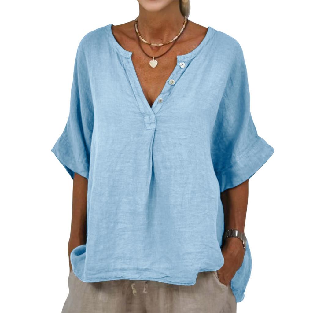 Ladies Casual Loose Fashion Medium Sleeve Cotton Linen Solid Color V-neck Button-down Shirt