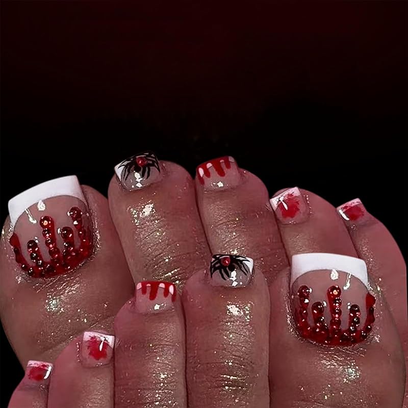 24Pcs Halloween Black Glitter French Press On Toenails White Ghost Fake Toe Nails Short Square Glossy Cute Ghost Full Cover Acrylic Stick On Toenails