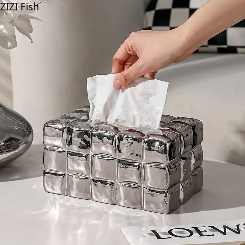 Electroplated Ceramic Tissue Box Creative Napkin Tissue Holder Nordic Home Decoration Art Living Room Tissue Storage Box