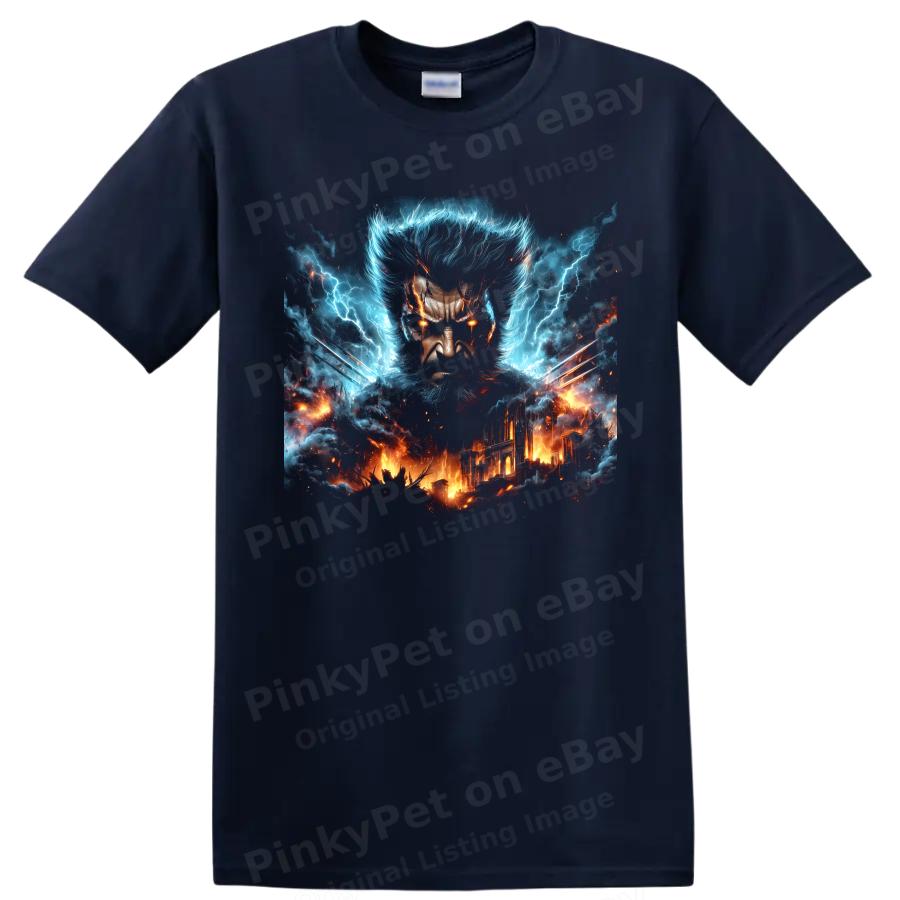 Wolverine T Shirt Storm Lightning Claws Fiery City Superhero Graphic Art Tee