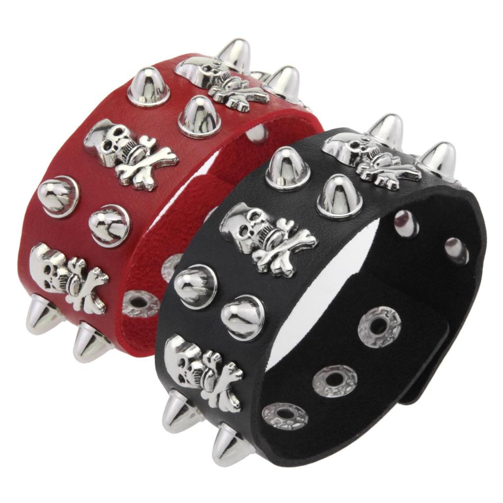 Breites PU-Leder Totenkopf Kegel Nieten Armband, Gothic Punk Verstellbares Druckknopf Handgelenkband Unisex Rock Handgelenkband
