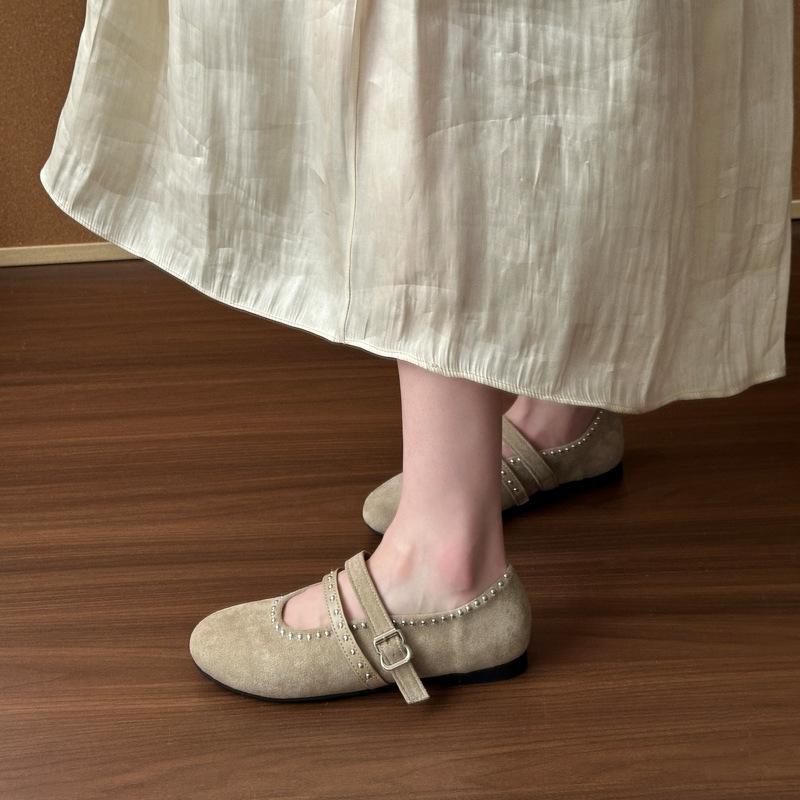 Sheepskin Version~ French Retro Mary Jane Women's Shoes 2025 New Bow Ballet Flat Bottom Rivet Single Shoes Women