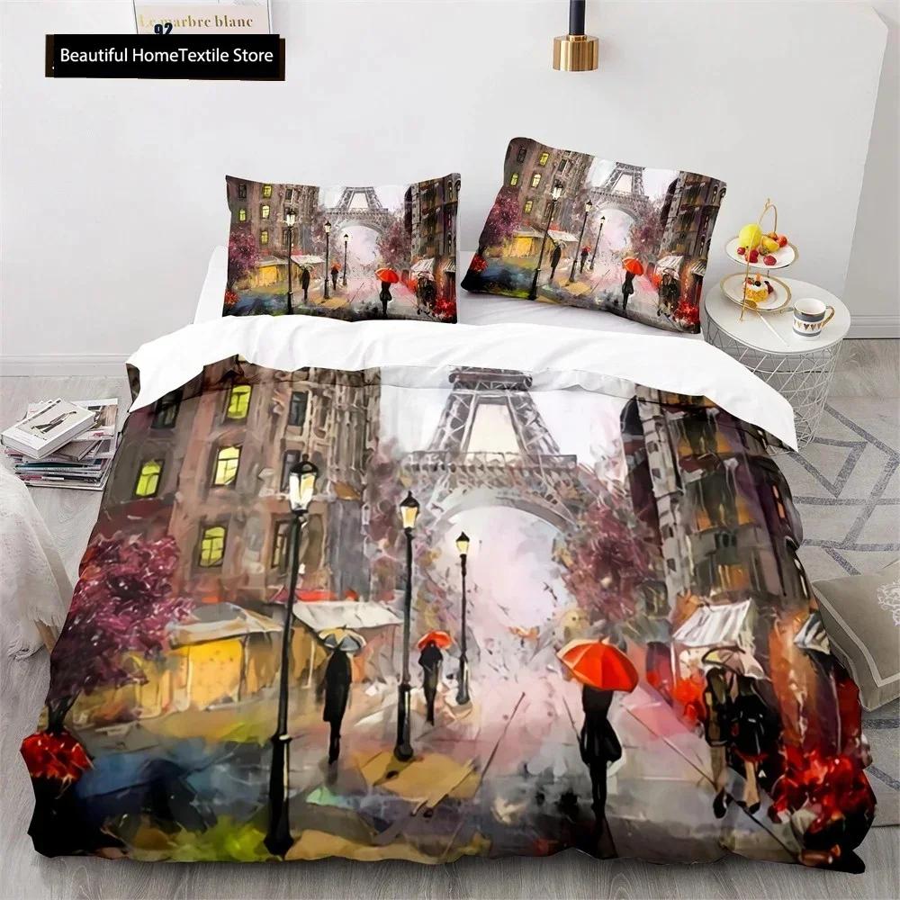 Comforter Luxury New 3D Print Eiffel Tower Lake Colourful Cloud Beautiful Landscape Bedding Set King Size Comforter