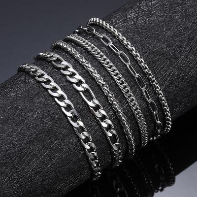Unisex European & American Street Style Stainless Steel Bracelet Set - 6 Pieces, Hot Seller