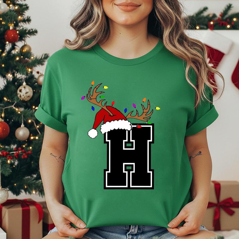 Unisexs Tshirt Christmas Alphabet Fashion Print Tshirt Short Sleeve Fashion Street Top Santa Hat Reindeer Christmas Party Top
