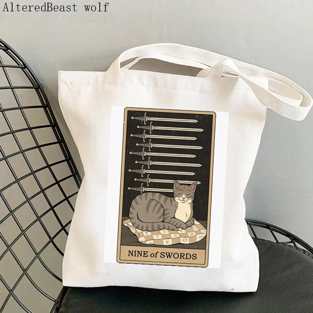 Kadın Alışveriş çantası Balık kedi Tarot Baskılı Kawaii Çanta Harajuku Alışveriş Kanvas Alışveriş Çantası kız çanta Tote Omuz Bayan Çantası