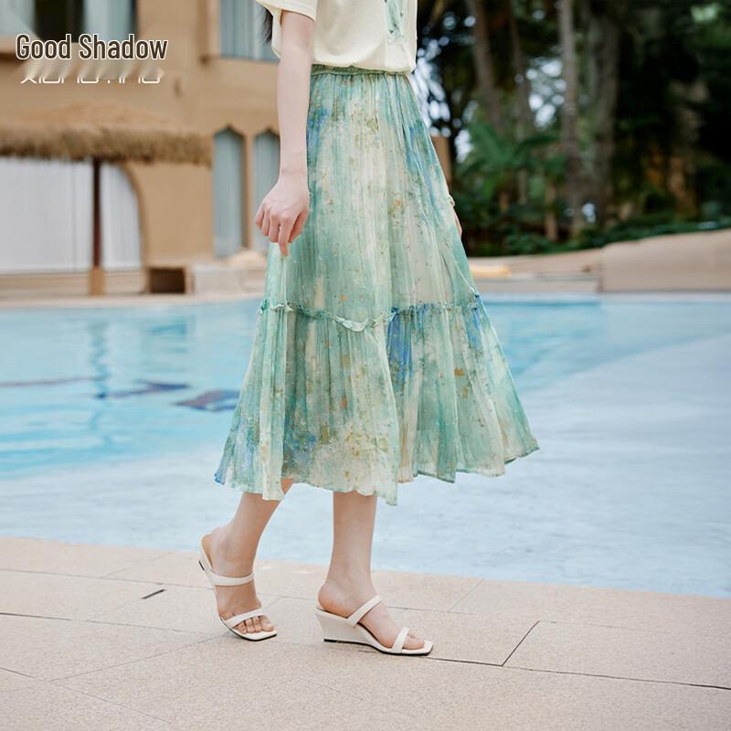 Xiangying Green Ombre Chiffon A-Line Skirt M