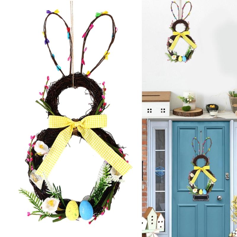 Flower Wreath Bunnies Easters Door Sign Artificial Flower Wreath Easters Decors for Farmhouse Front Door Porch Wall Decors