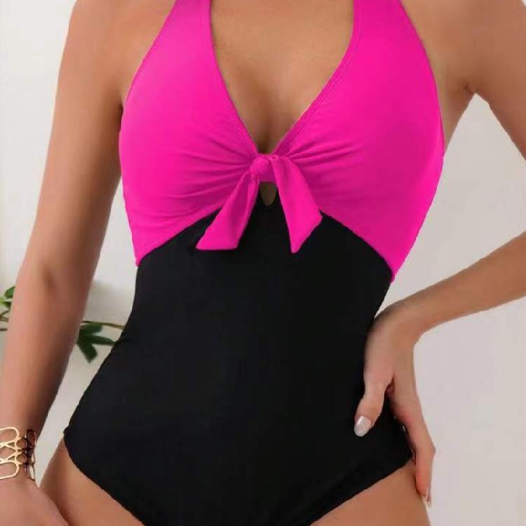 One Pieced Swimsuit for Women Breathable Swimwear Solid Color Contrasting Bathing Suit Beachwear Backless Design