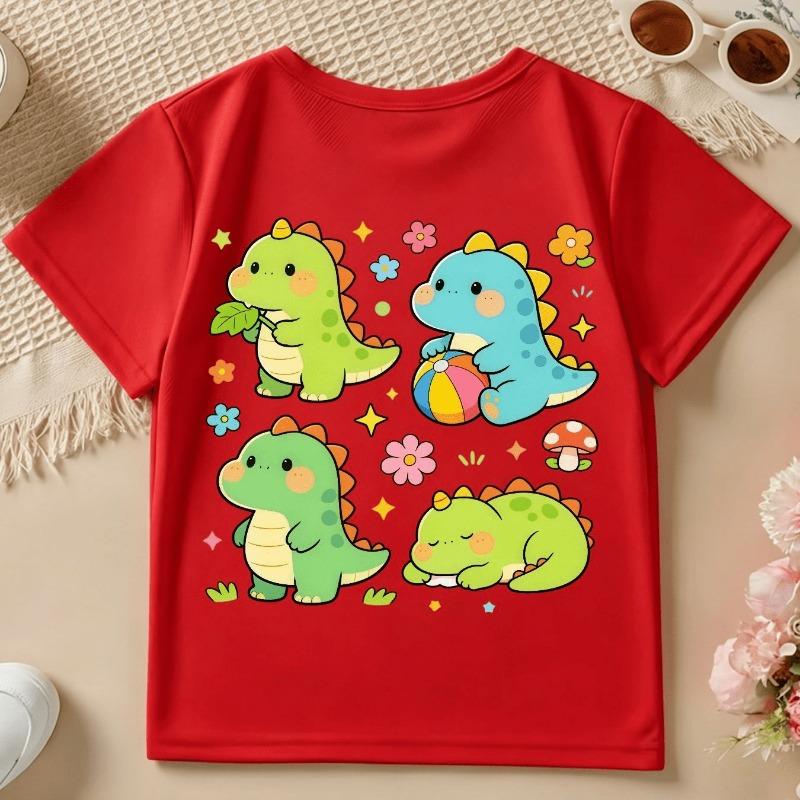 Girls' Short-Sleeve Casual T-Shirt with Cute Cartoon Dinosaur Print for Spring, Summer, and Fall