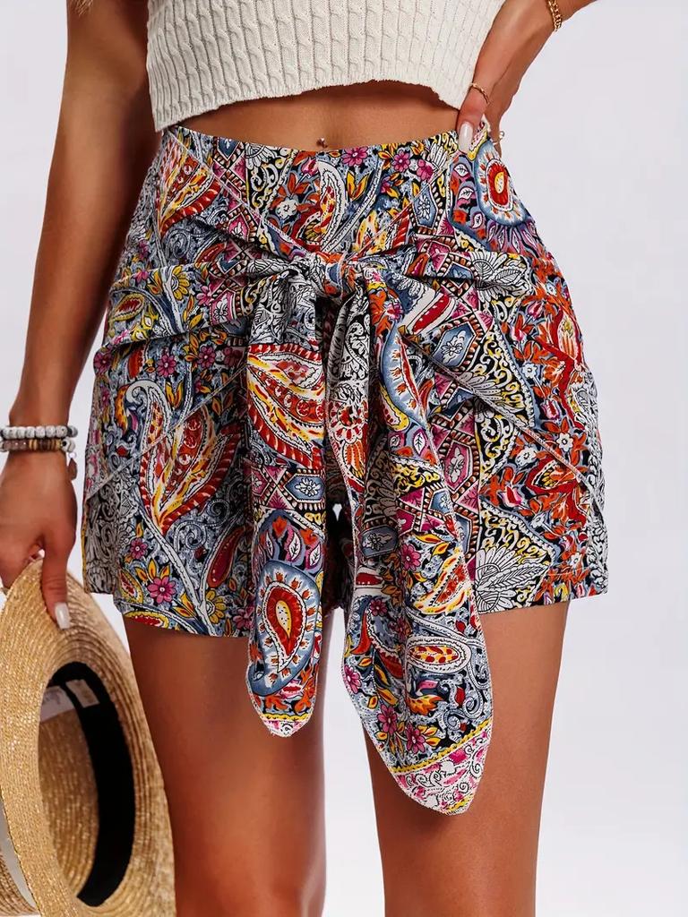Printed High-waisted Short Pants with Bohemian Style Front Tie Shorts
