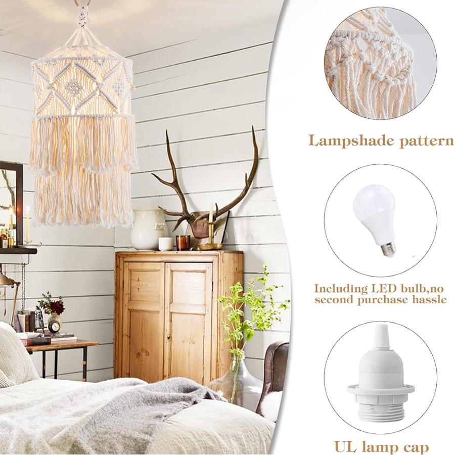 Boho Lamp Plug in Pendant Light Fixture with bulb,Plug in cord Ceiling Light Hanging Handmade Macrame Bedroom Livingroom Decor