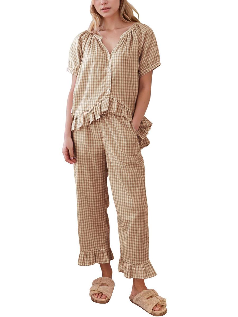 

Women s Casual Plaid 2-Piece Short Sleeve Ruffled Top & Pants Set XXL хакі