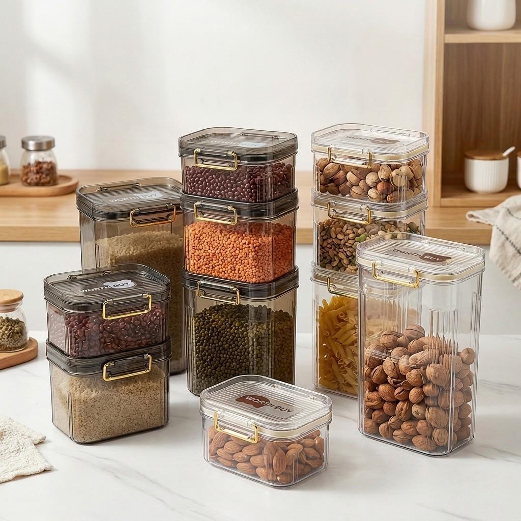 Airtight Food Storage Containers Clear PET Plastic Kitchen Pantry Organizer Stackable Leakproof Jars with Lids for Cereal Fridge