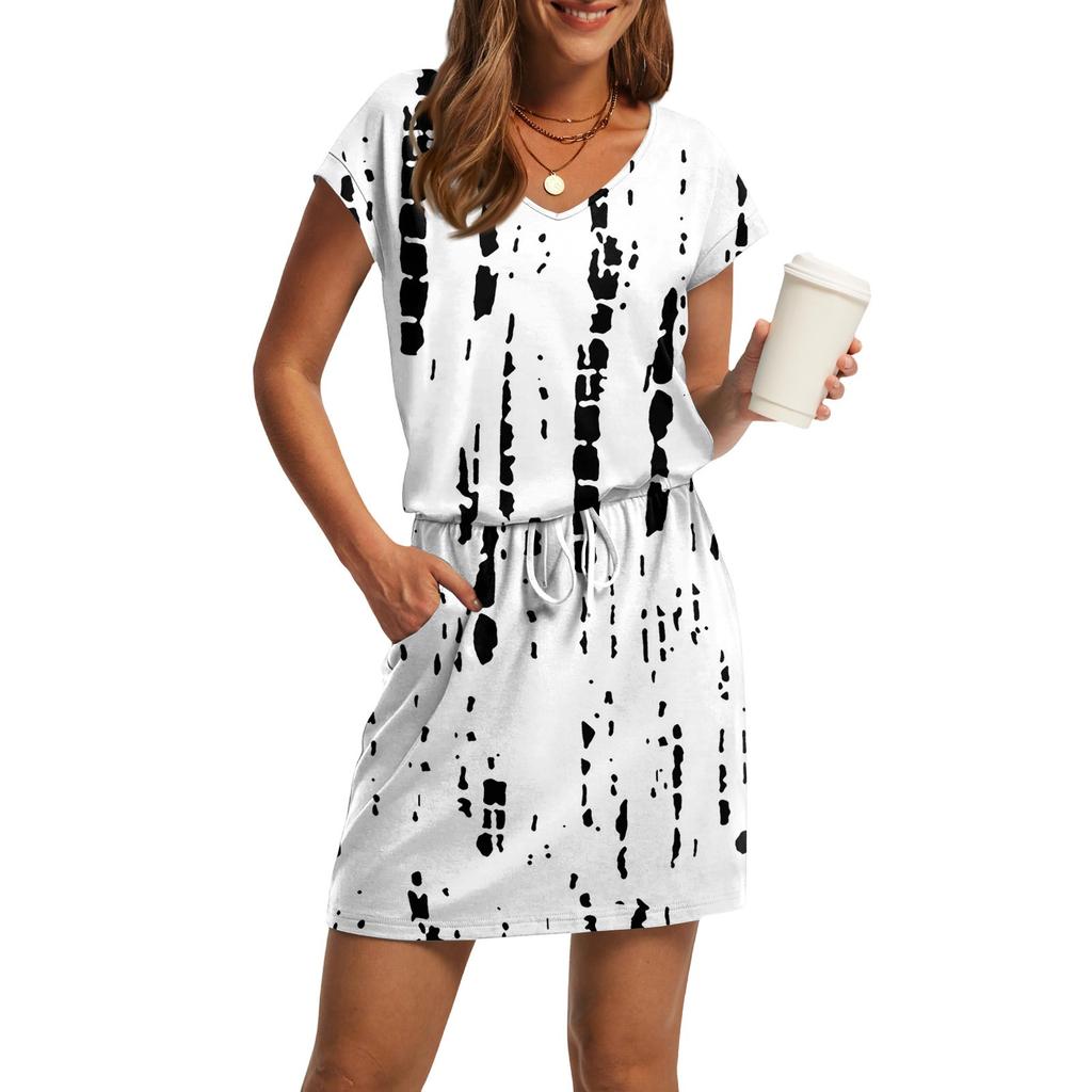 Women's Summer V-Neck Casual Short Sleeve Drawstring With Pocket Vintage Dresses