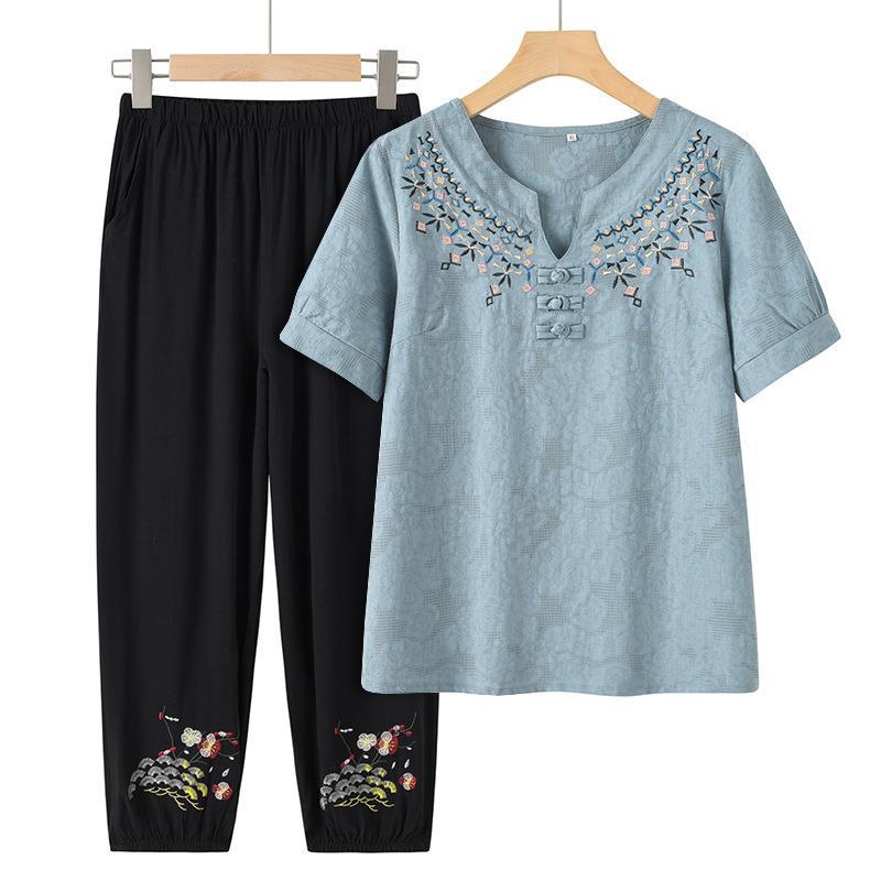 Middle-aged and Elderly Spring and Summer Clothing Casual Thin Short-sleeved + Seven Trousers Two Piece Suit