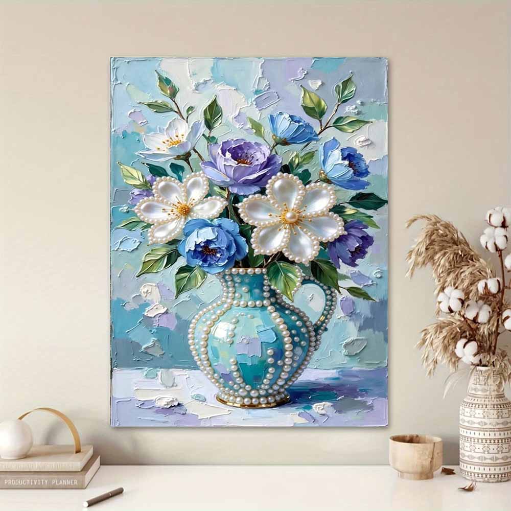 DIY Frameless Pearl Painting Kit Blue Vase Flowers 3D Shiny Bead Art Canvas Relaxing Creative Craft for Home Wall Decor Gift