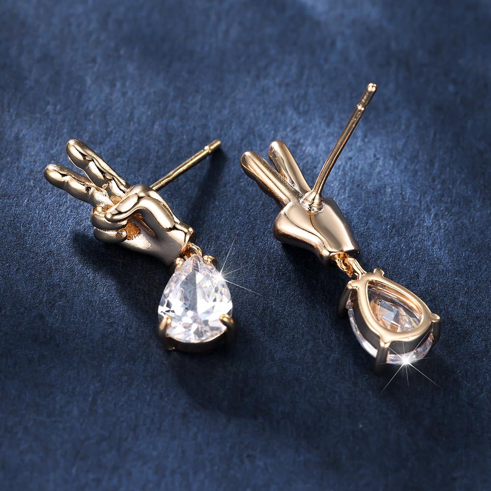 Unique Golden Finger White Zircon Water Drop Dangle Earrings for Women Funny Jewelry Gift