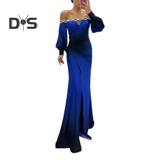 

Женское вечернее платье с открытыми плечами, ажурное свадебное платье со стразами, обтягивающее плиссированное выпускное платье макси с длинными рукавами-фонариками, разрезом по низу, контрастный цветной шар L синий