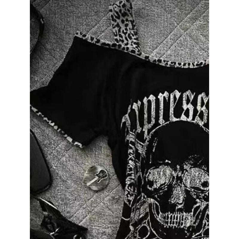 TrendHub Y2k Aesthetics Irregular Leopard Patchwork Vintage T-shirt Streetwear Skull Printing Tshirt Harajuku Slim Fit Fairy Grunge Tops