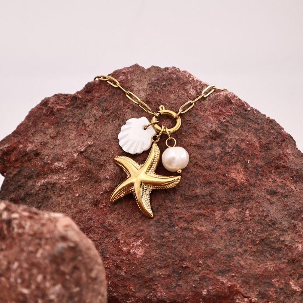 Handmade Ocean Style Necklace Sea Star Pearl Starfish Neck Chain  Female Lady Girl