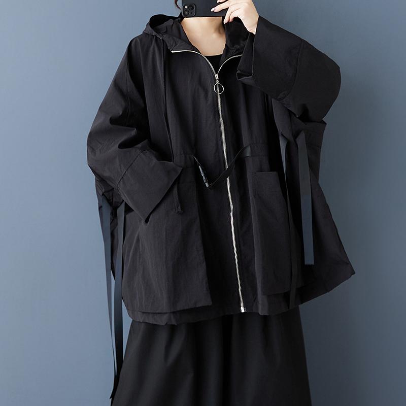 Long Sleeve Oversized Hooded Vintage Black Casual Loose Autumn Spring Trench Coat for Women Outerwear