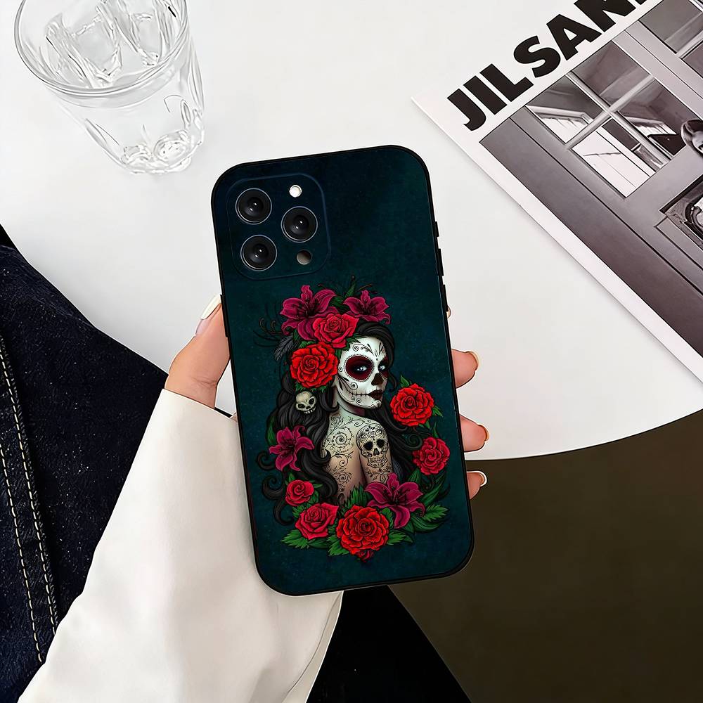 

M-Мексиканская Катрина S-Череп Чехол для Телефона Для iPhone 17, 16,15,14,13,12,11 Plus,Pro Max, Другие Мягкий Черный Чехол iPhone14ProMax