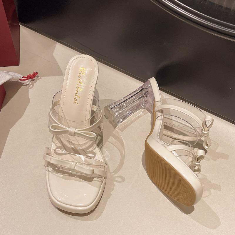 

Thick heel cool slippers women s summer wear new fashion bow transparent crystal high heels 34