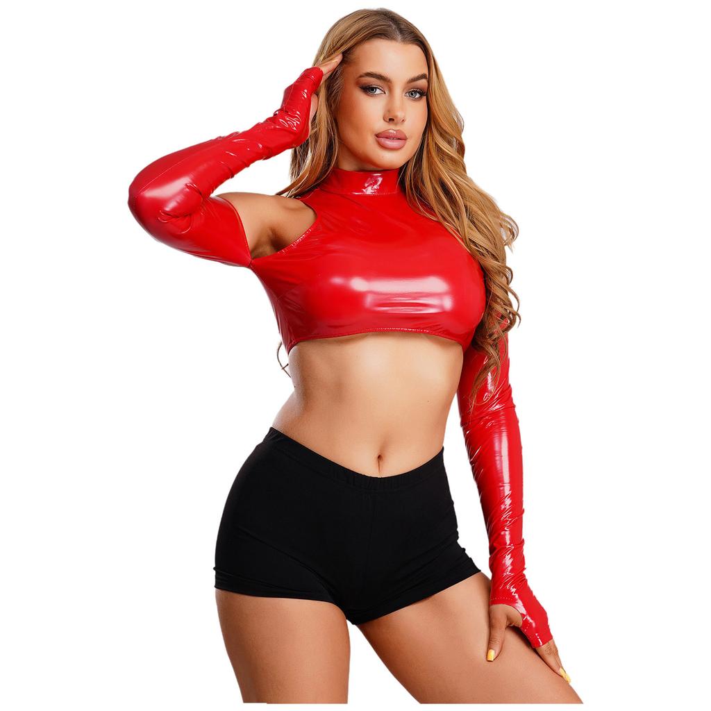 Damen Glänzendes PU Cropped Top Cold Shoulder Langarm Ausgeschnitten Rollkragen Pullover