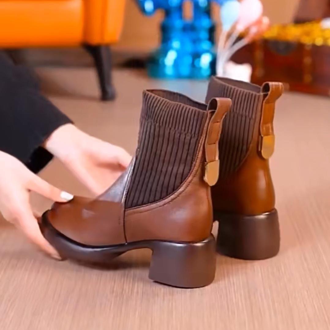 

Fashion Autumn Winter New Fashion Boots Womens Retro British Style Socks Boots Thick Heel Thick Sole Warm Comfortable Womens Ankle Boot 35 коричневый