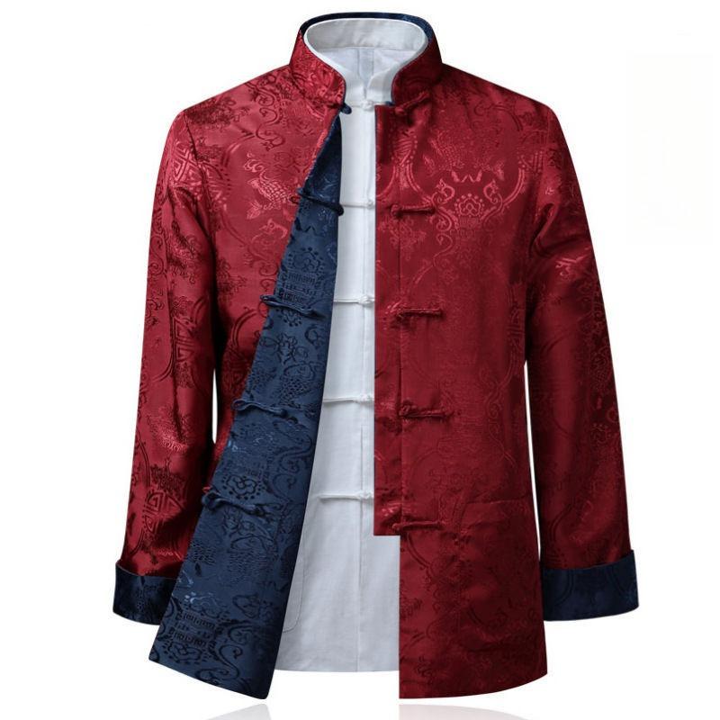 Men Chinese Style Satin Silk Tang Suit Jacket Double Faced Long Sleeve Kung Fu Coat Hanfu Clothing Jackets Size S-3XL