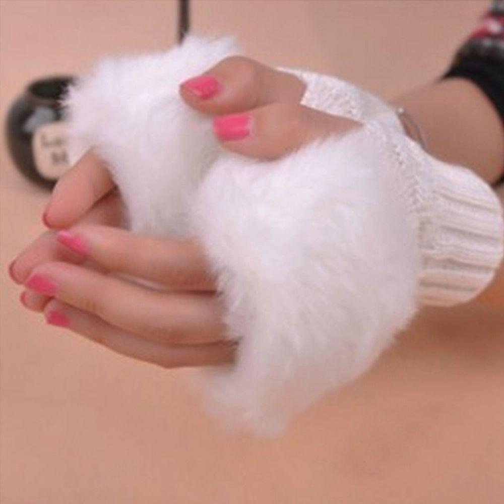 Outdoor Knitted Sheep Wool Exposed Finger Faux Rabbit Fur Wrist Gloves Couples Fingerless Mittens