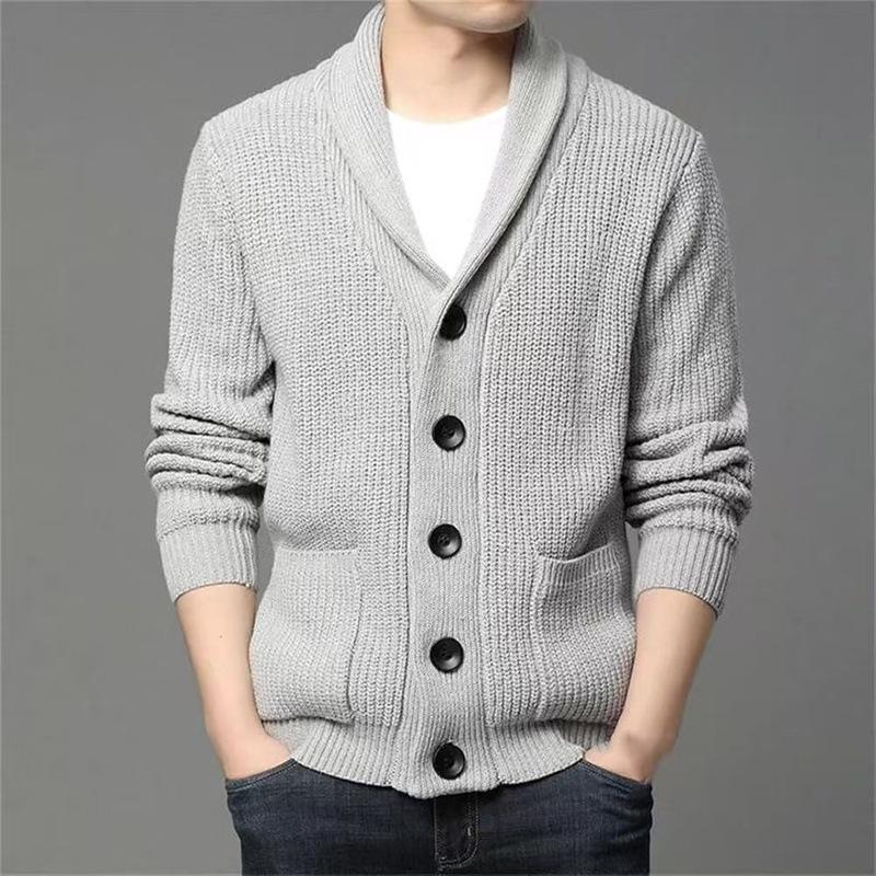 Autumn Winter Men's Thickened Button Cardigan Wool Sweater Green Fruit Collar Sweater Jacket V-neck Solid Color Casual Knitted Sweater