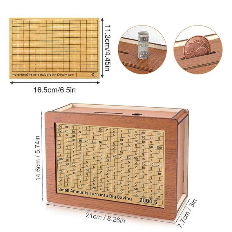 Wooden Money Saving Box 1000/2000/3000/5000/10000 Euros With Savings Goals And Digital Box, A Reusable Wooden Piggy Bank