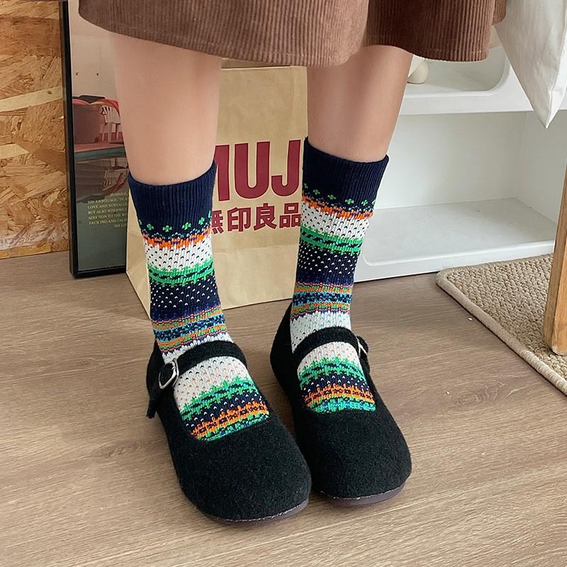 American Light Luxury Retro Ethnic Style Thick Line Kaji Street Style Couple Medium Tube Stacking Socks Children