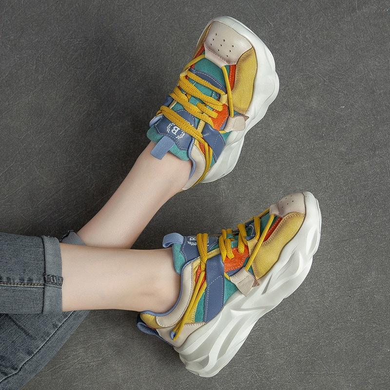 Johnature Lodičky Dámské Boty Pravá kůže Smíšené barvy Šněrovací Retro Jarní Kulatá Špička Šití Ruční práce Dámská obuv