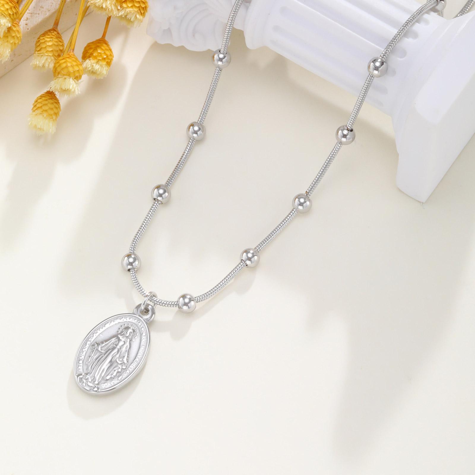 

Holy Virgin Rosary Necklace for Women,Stainless Steel Bead Snake Chain Necklaces,Classic Religion Jewelry Gift