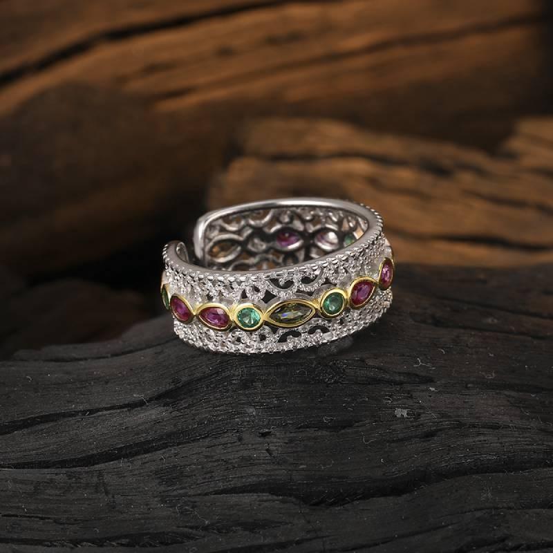 Stylish Geometric Copper Ring For Women Featuring Colorful Zirconia And Vintage Charm